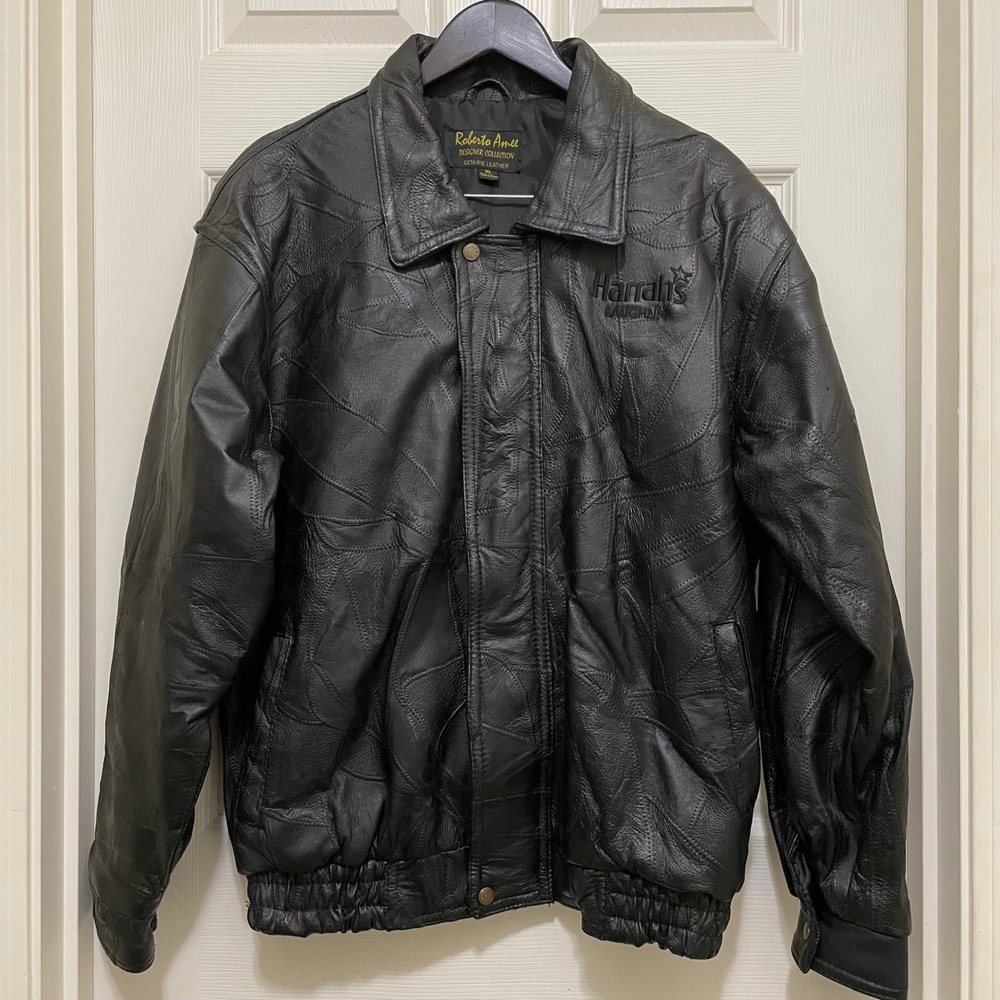 Roberto Amee Harrahs Laughlin Casino Patchwork Leather Bomber Moto‎ Jacket XL